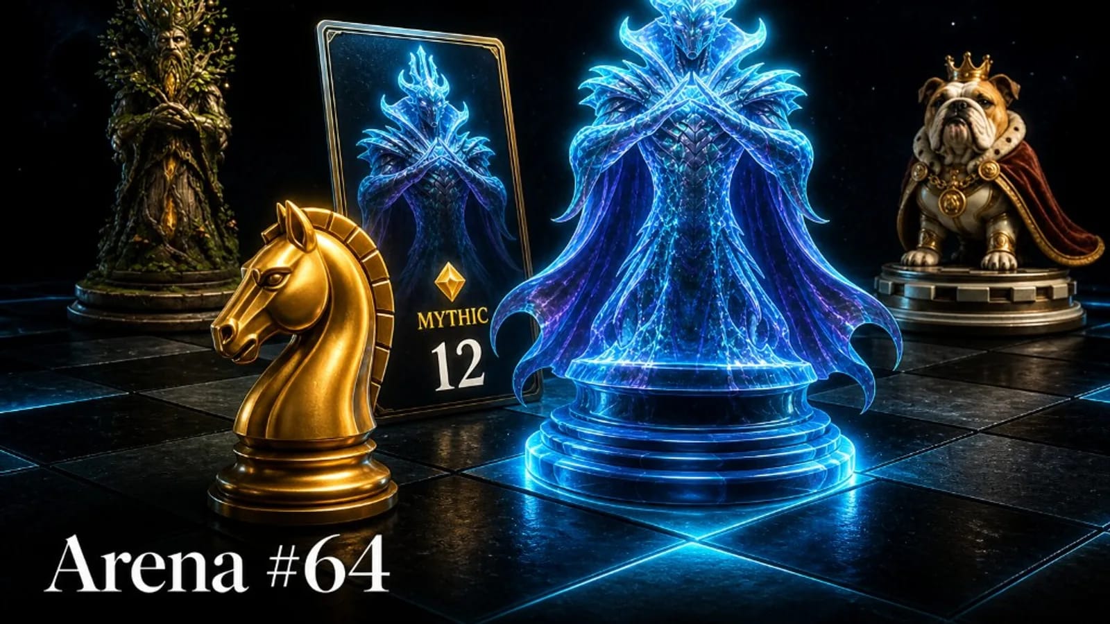 Chess Arena 64 — a mythic player card on a glowing board with a gold knight and evolving piece