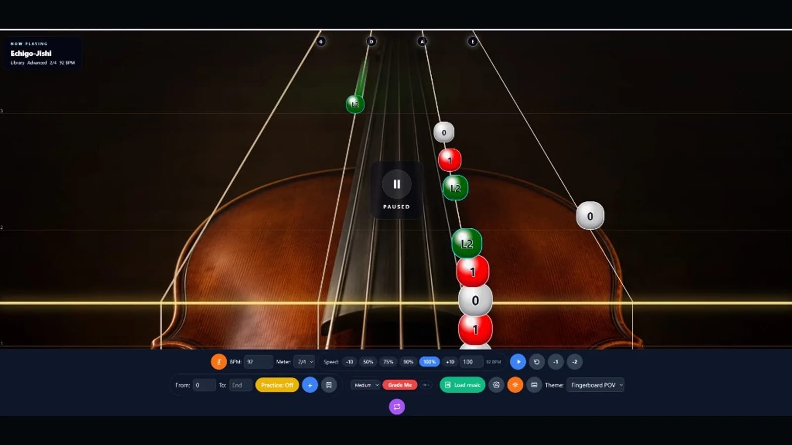 FallingNotes fingerboard view with notes falling on G D A E strings toward the hit bar