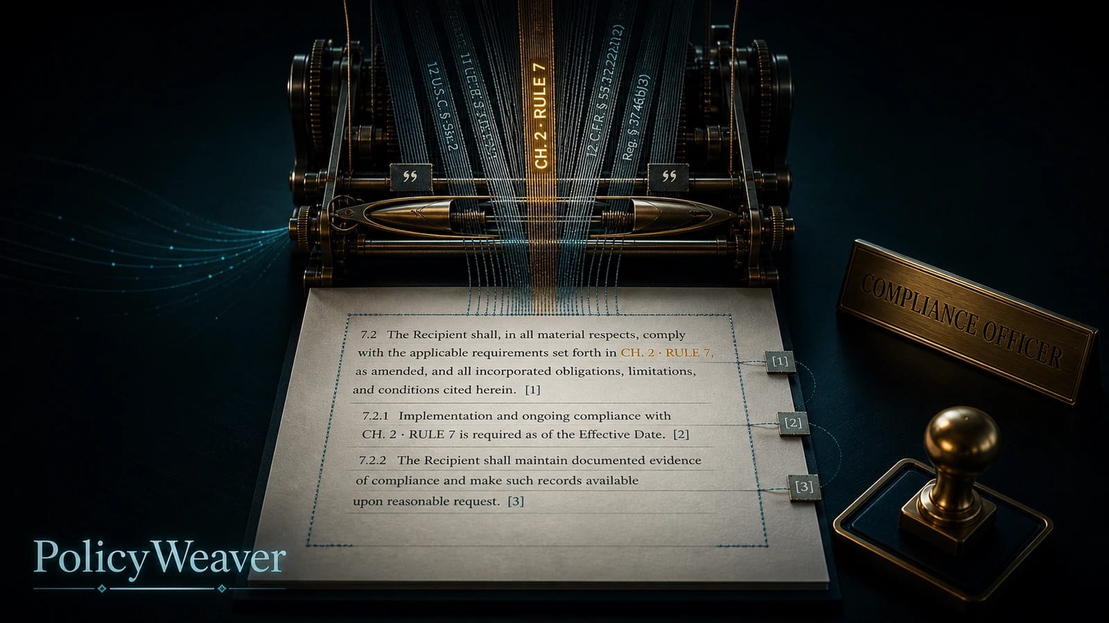 PolicyWeaver weaving a changed regulation into a cited clause draft for a compliance officer