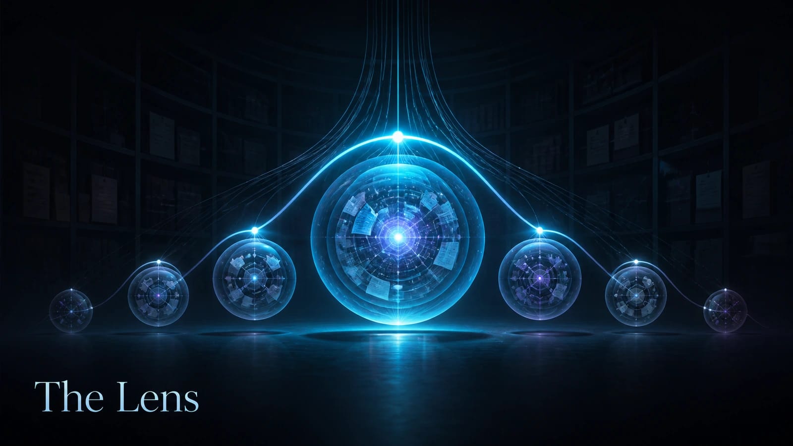 The Lens arranging seven project spheres on a context bell curve with full AI attention at the center