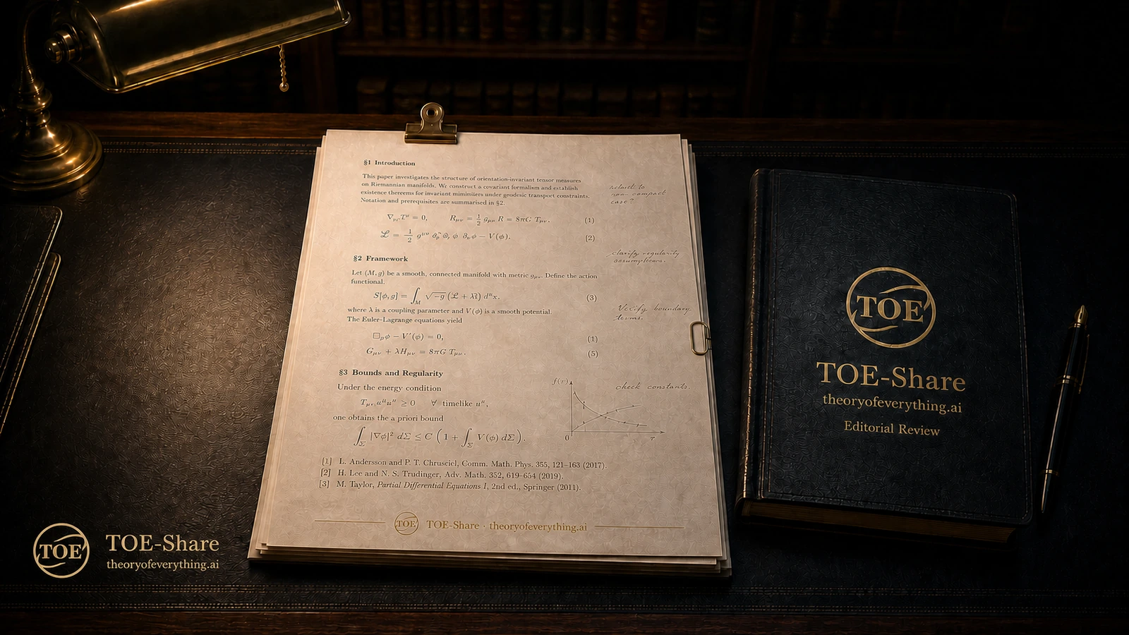 TOE-Share peer review presented as an annotated scientific manuscript with a gold-branded editorial volume